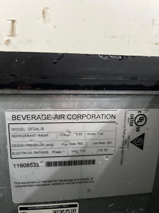 Beverage-Air GF24L-B underbar glass froster, model label showing specifications: refrigerant R404A, electrical ratings, and design pressure.
