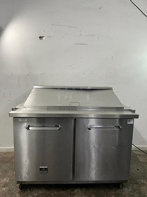 Kelvinator Commercial KCHMT48.18 48" sandwich prep table, stainless steel, refrigerated base, dual doors, used condition.