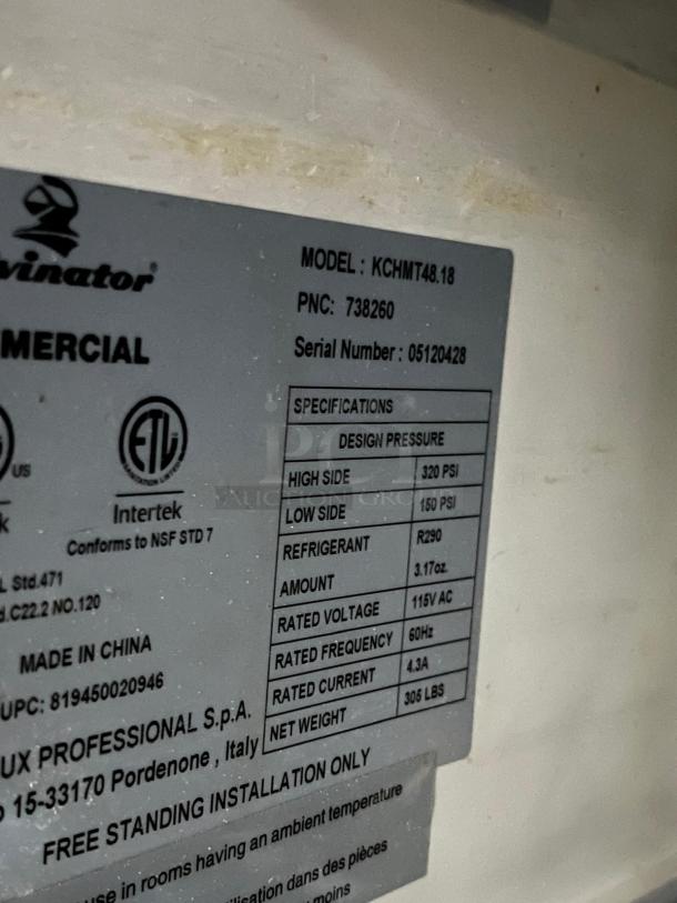 Kelvinator model KCHMT48.18 label with specifications for commercial prep table, 115v, 320 PSI high-side pressure, 305 lbs.