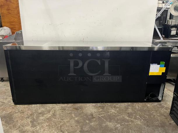 Brand new Micro Matic BB95 95" refrigerated back bar cabinet, black vinyl, 39.2 cu ft, model tags visible.