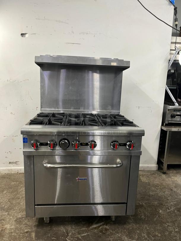 BRAND NEW Omcan 43151 gas range with 6 burners, 36 inches, 211000 BTU, stainless steel, commercial-grade.