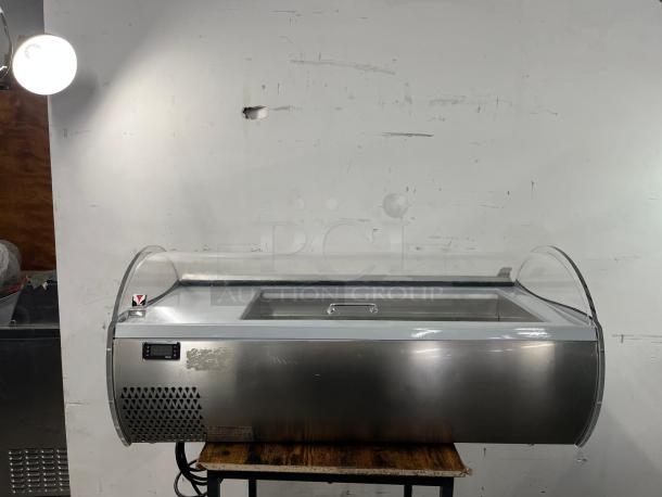 Tecfrigo Microgel 2 countertop ice cream display case, stainless steel, curved glass top, well-maintained condition.