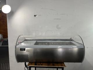 Tecfrigo Microgel 2 countertop ice cream display case, stainless steel, curved glass top, well-maintained condition.