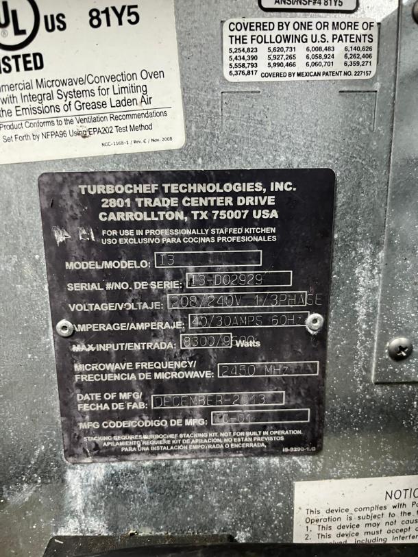 TurboChef I3-TC high-speed countertop oven, model label showing model number, voltage, and manufacturing date.