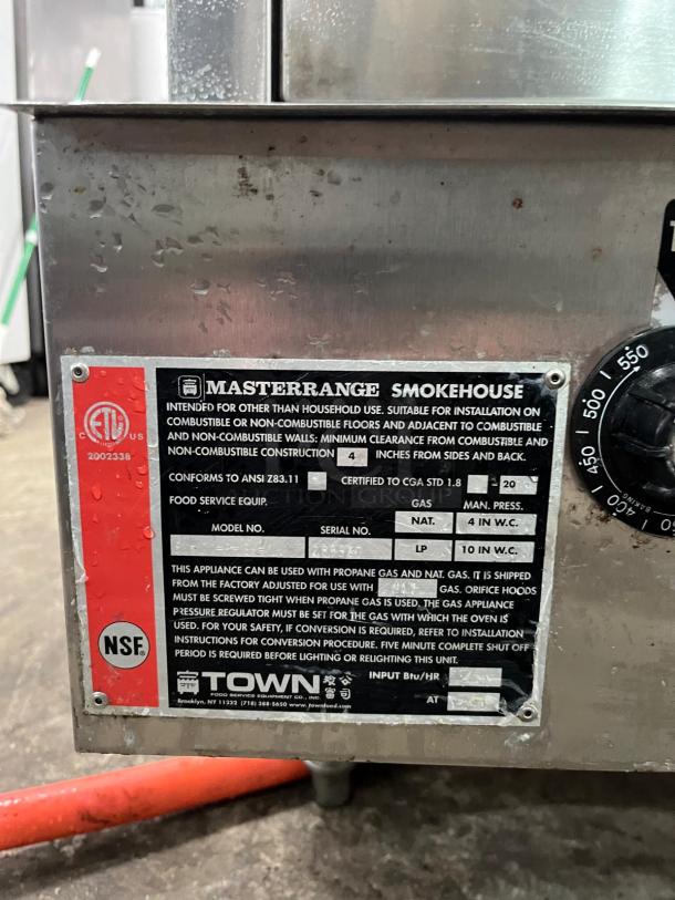 Town SM-24-R-STD natural gas smokehouse, galvanized steel, 24", commercial grade, 45,000 BTU. Right door hinges, NSF certified.