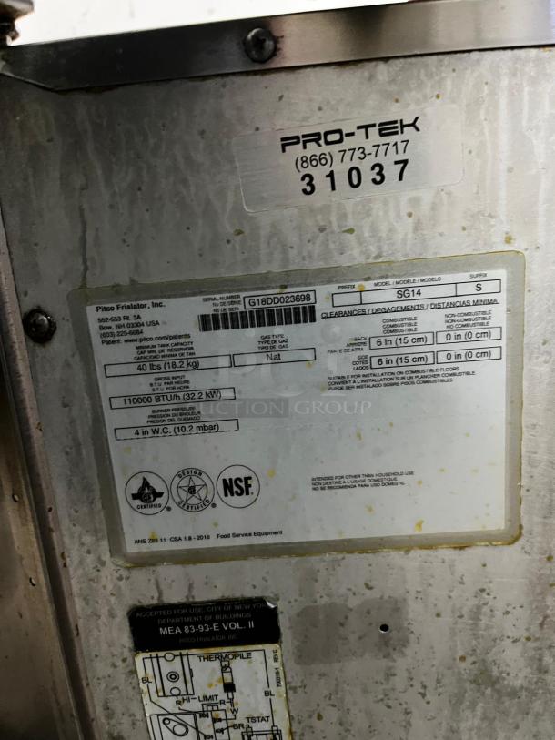 PITCO SG14-S gas fryer, 50 lb vat, floor model. Includes natural gas details, 110,000 BTU/h, NSF certified.