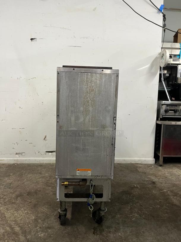PITCO SG14-S Gas Fryer, 50 lb vat, floor model, natural gas, used condition, visible wear, warning label on front.