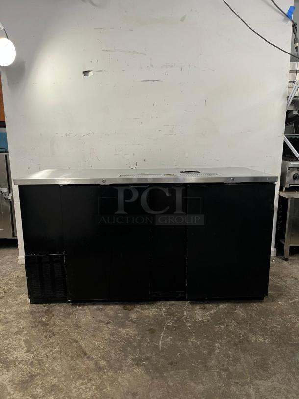 Micro Matic MDD68-E-LT 69" draft beer cooler, two-section, black finish, includes glass rinser, for commercial use.