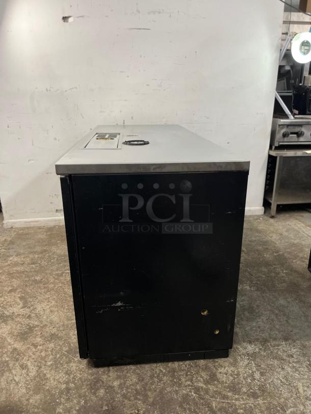 Micro Matic MDD68-E-LT 69" draft beer cooler; black, two-section, glass rinser, commercial use, shows mild wear.