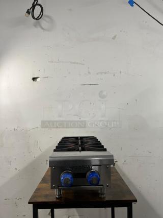 Imperial IHPA-2-12 12" gas countertop hotplate with two 32,000 BTU/hr cast iron burners, PyroCentric™ technology, sturdy condition.