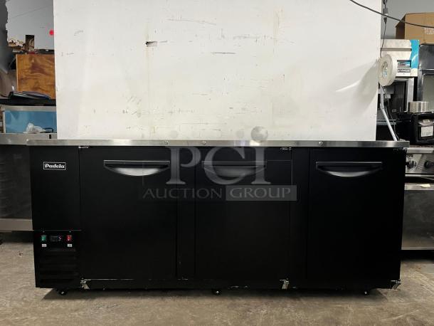 PADELA UBB-4-HC 90" 3-section solid-door back bar cooler in black. Features a stainless steel top and branded front panel.