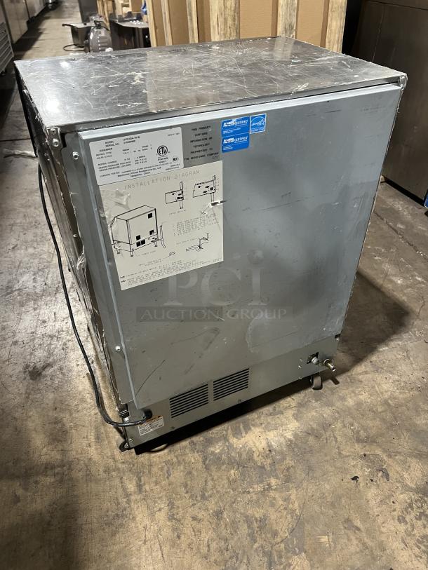 Manitowoc NEO Series ice machine, Model UY0140A161B, stainless steel, air-cooled, on casters, with installation diagram.
