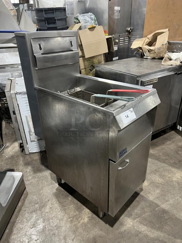 Pitco stainless steel natural gas deep fat fryer with basket hanger, 2 fry baskets, backsplash, on casters.