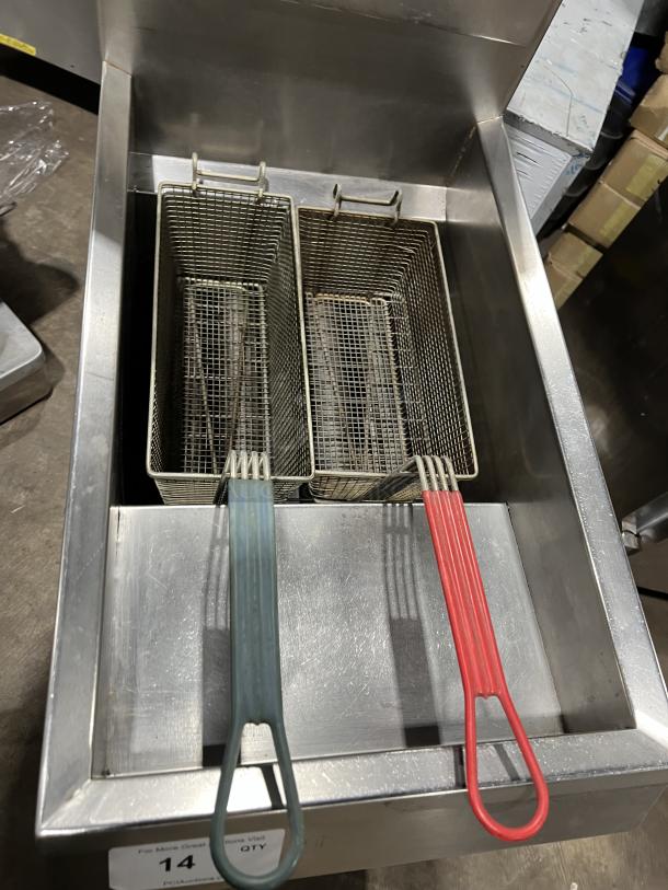 Pitco commercial stainless steel gas fryer with basket hanger, 2 fry baskets, backsplash, on casters.