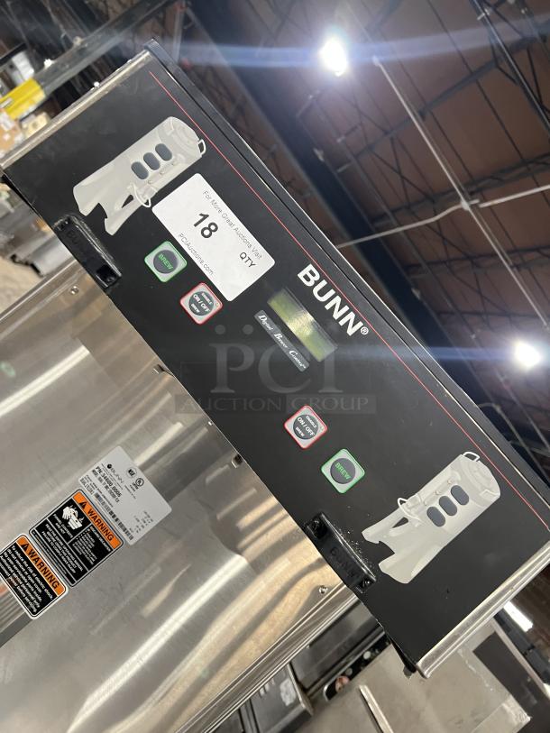 Bunn ThermoFresh Series Dual Coffee Brewer, Model DUALTFDBC. Stainless steel with digital controls, hot water dispenser.