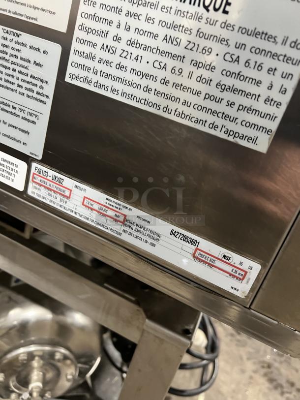 Angelopo FX61G3-UKX02 stainless steel combi oven, natural gas, control touch display, SN: 64272053601, 120V, 1 phase.