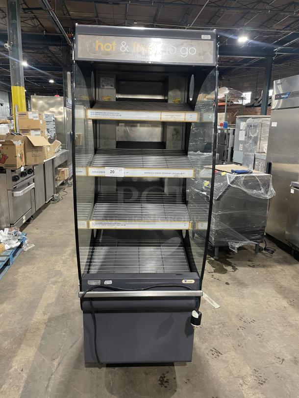 Fri-Jado CLD25 commercial heated display case, open grab-n-go style, 208V 1 phase, shelves labeled for hot items.