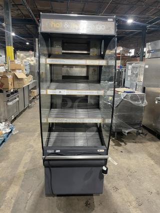 Fri-Jado CLD25 commercial heated display case, open grab-n-go style, 208V 1 phase, shelves labeled for hot items.