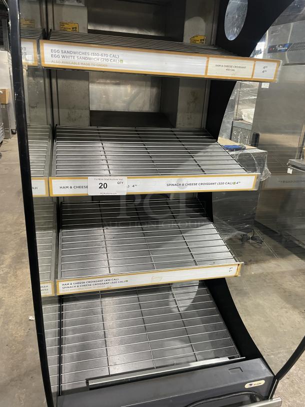 Fri-Jado CLD25 commercial heated display case, electric, 208V, 1 phase, open shelves, labeled for grab-n-go, used condition.