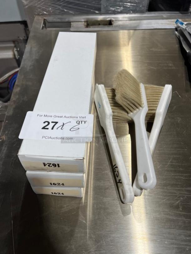 New commercial white utility pot scrub brushes with 6X quantity. Includes three brushes with durable handles.