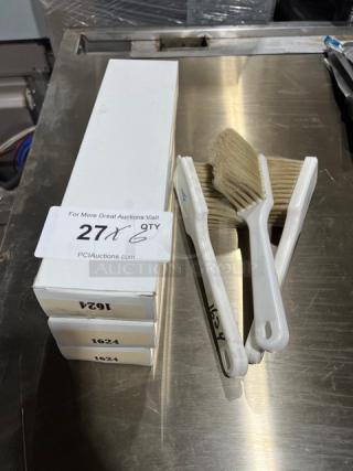 New commercial white utility pot scrub brushes with 6X quantity. Includes three brushes with durable handles.