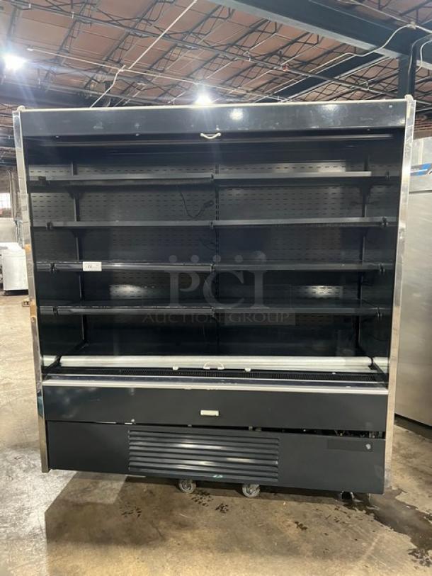 IRS Orchid76SL1800 black multi-tier refrigerated display case, adjustable shelving, 110V, excellent condition, SN: 1220317/04.
