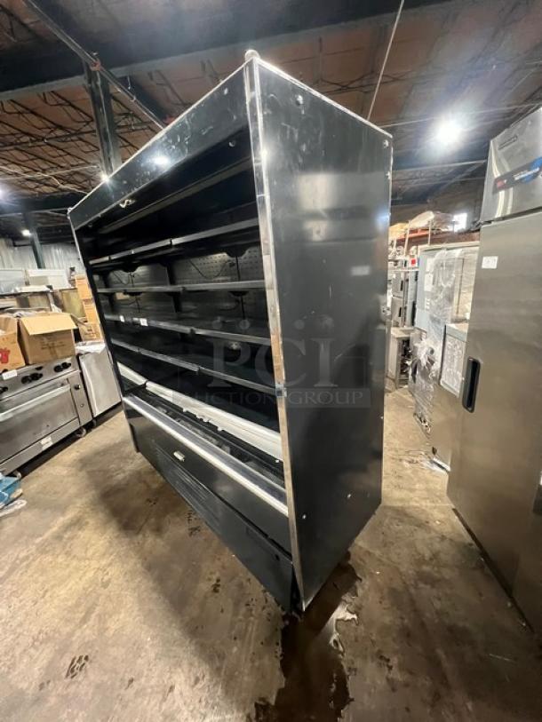 IRS Orchid76SL1800 black multi-tier refrigerated display case with adjustable shelving. Model: Orchid76SL1800, 110V, SN: 1220317/04.