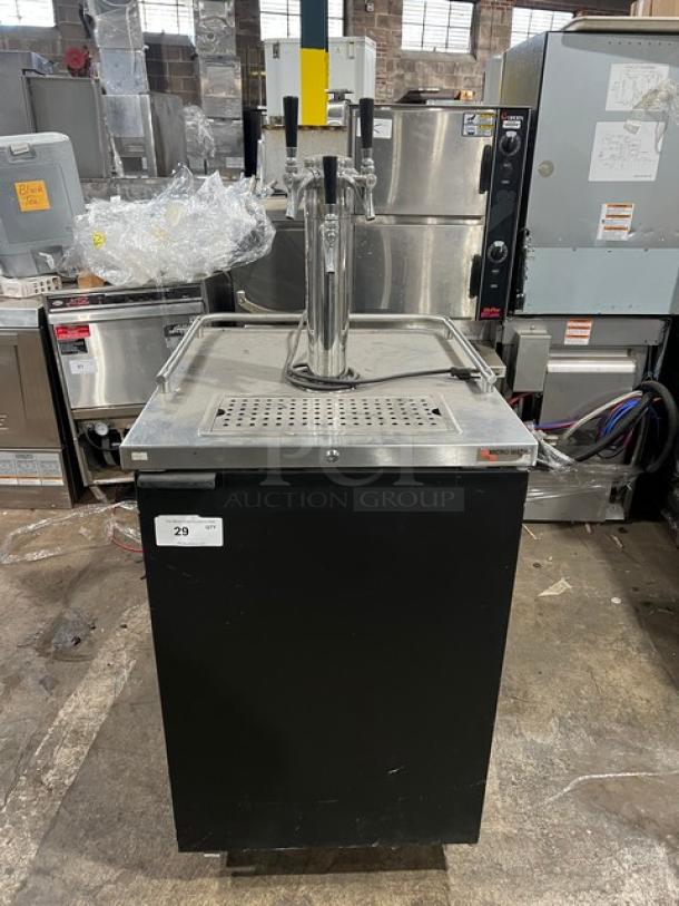 Micromatic MDD23 black single-door kegerator with stainless steel worktop, drip tray, and triple tap dispenser. Model: MDD-23.