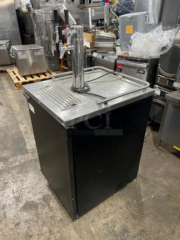 Micromatic MDD-23 single door black kegerator with stainless steel worktop, drip tray, and triple tap dispenser.