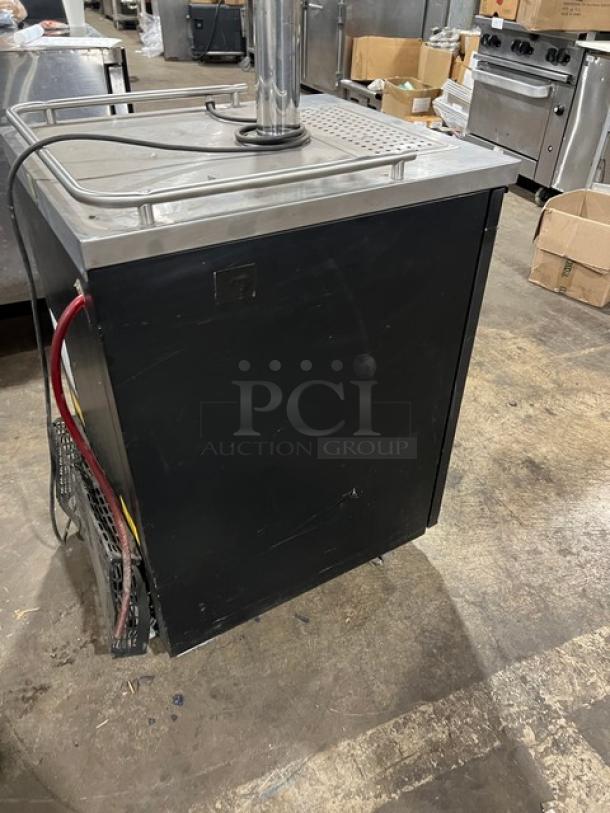 Micromatic MDD-23 black kegerator with stainless steel worktop, drip tray, and triple tap dispenser. Commercial use, good condition.