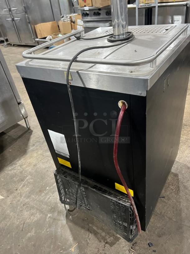 Micromatic MDD23 black single door kegerator with stainless steel worktop, drip tray, and single tower triple tap dispenser.