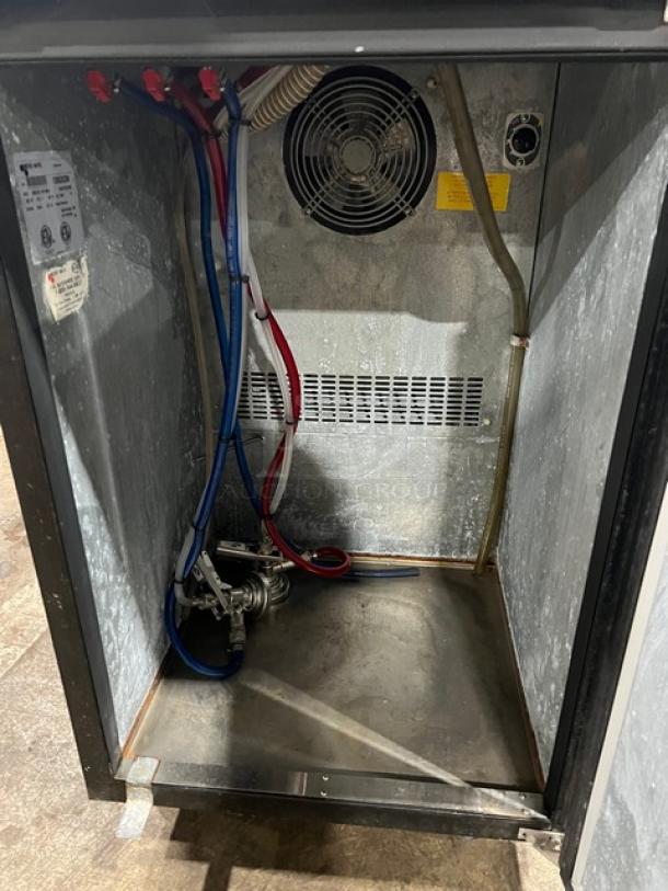 Micromatic MDD23 kegerator interior with stainless steel worktop, drip tray, and triple tap dispenser. 115V, 1 phase model.