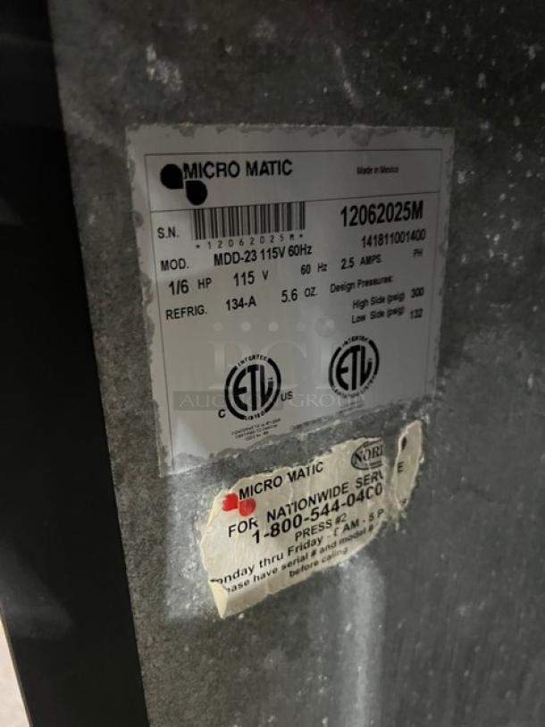 Micromatic MDD23 kegerator label showing model, serial number 12062025M, 115V specs, ETL certification, made in Mexico tag.