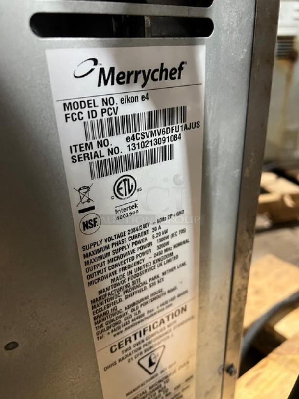 Merrychef eikon e4 rapid cook oven, stainless steel, digital touch controls, wired racks, 208/240V, SN: 1310213091084.