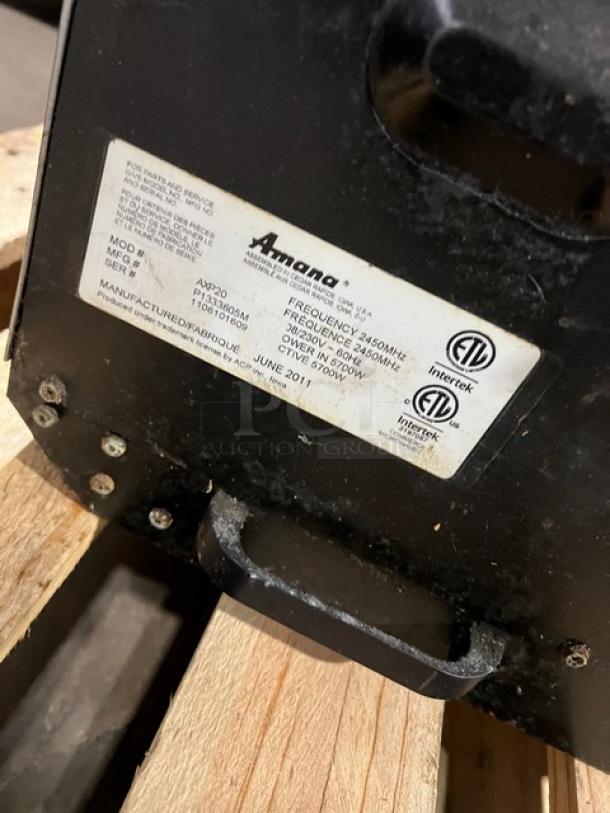 2011 Amana AXP20 commercial rapid cook oven, stainless steel, electric, wired racks, serial 1106101609, ETL certified.