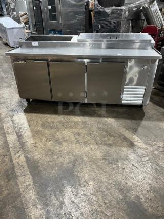 Universal Cooler Commercial Stainless Steel 3 Door Pizza Prep Table! With Poly Coated Wired Rack! On Casters! - Item #1224268