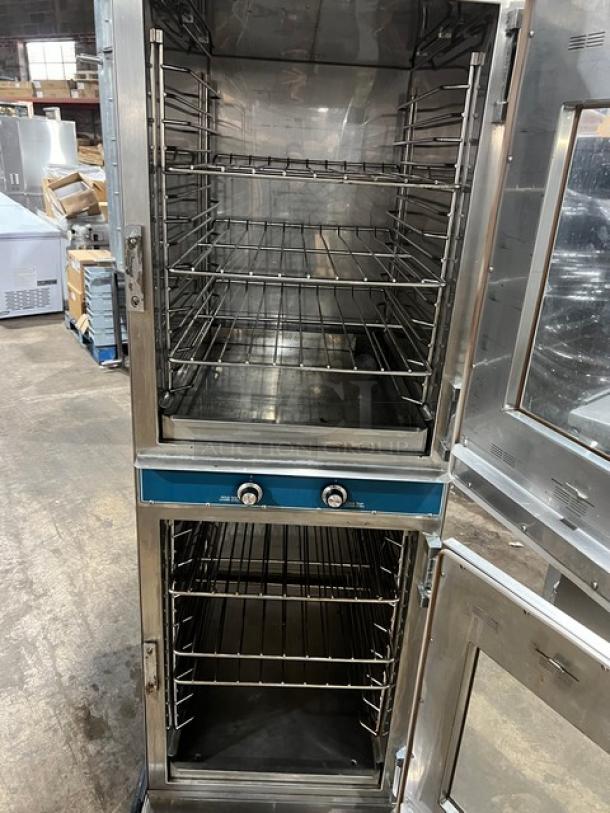 Alto-Shaam Halo Heat Series 1000-TH/I commercial full height cook & hold oven, stainless steel, dual compartments, wire racks, on casters.