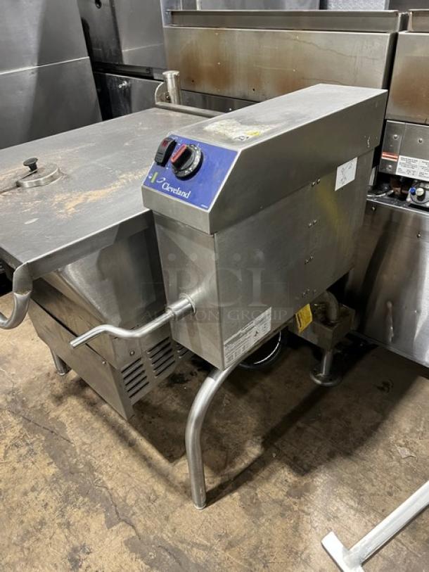 Cleveland commercial stainless steel tilt skillet, natural gas powered, open base, 115V, 1 phase, used condition.