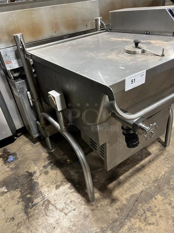 Cleveland commercial stainless steel natural gas-powered open base tilt skillet, 115V 1 phase, with control knobs and label indicating lot 51.