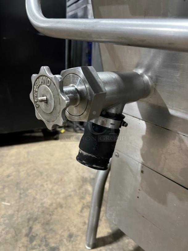 Cleveland commercial stainless steel natural gas powered tilt skillet control valve, featuring engraved brand marking.