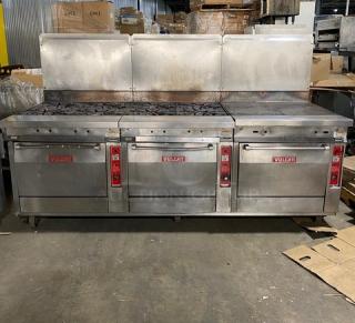 Vulcan Commercial Stainless Steel Gas Powered 8-Burner Split-Top Flat Griddle Range/Triple Oven Combo! With Back Splash! With Wired Oven Rack! On Casters! - Item #1224392