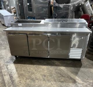 Universal Cooler Commercial Stainless Steel 3 Door Pizza Prep Table! With Poly Coated Wired Rack! On Casters! - Item #1224268