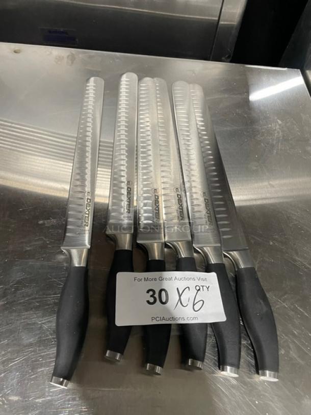 Brand new Dexter Russell I-Cut Pro 12" slicing knives, model 30409, with black grip handles, quantity 6.