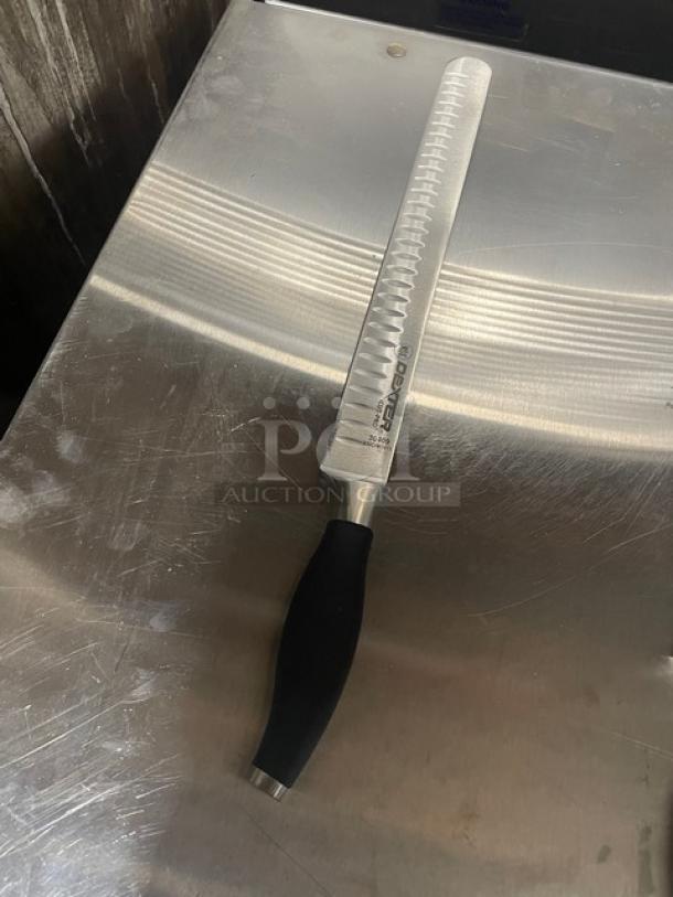 Dexter Russell 12" Duo-Edge Slicing Knife, Model 30409, new. Stainless steel blade, black grip handle.