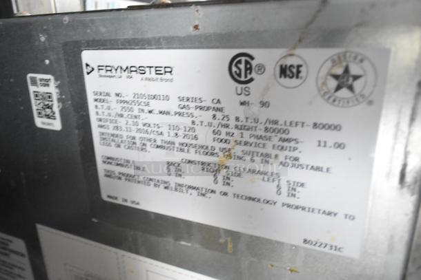 Label on Frymaster gas fryer showing specs: Model FPPH255CSE, propane, 110-120 volts, 60Hz. Certified by NSF and CSA. Made in USA.