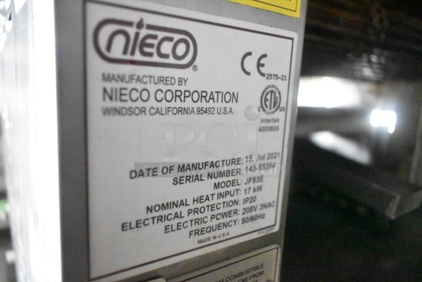 Nieco Corporation label on charbroiler grill showing model JF93E, manufactured 15 July 2021, 17kW input.