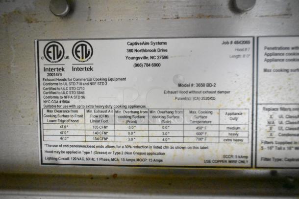 Label showing CaptiveAire model 3650 BD-2 exhaust hood specifications. Intertek certified for commercial use.