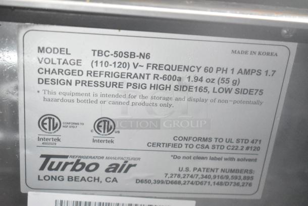 Label from a Turbo Air refrigerator, Model TBC-50SB-N6. Indicates voltage, refrigerant type, and safety certifications.