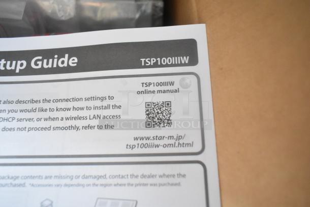 Guide for TSP100IIIW printer is shown, featuring setup instructions, a QR code for the online manual, and a website link.
