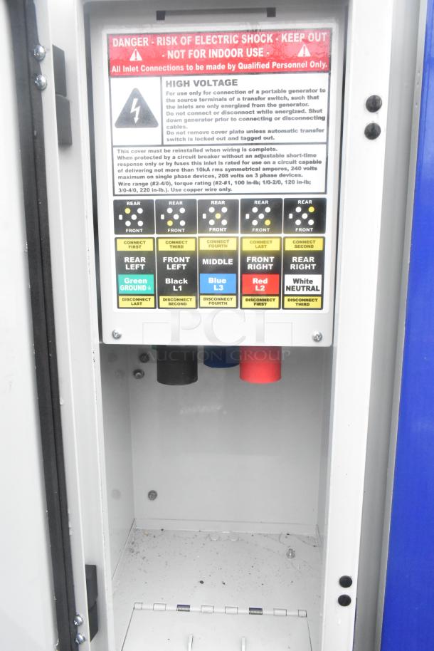Electrical panel inside 24' Cruising Kitchens Burger King trailer, showing high voltage warning and connection instructions.